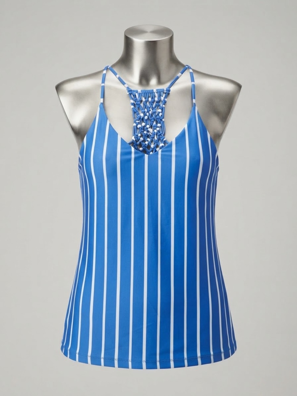 Raisins Blue and White Striped Swim Tank with Trendy Back Macramé Detail
